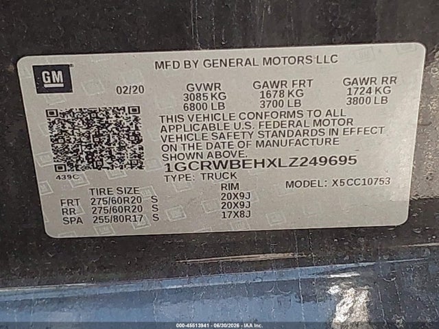Продаж на аукціоні авто 2020 Chevrolet Silverado 1500 2wd  Standard Bed Custom, vin: 1GCRWBEHXLZ249695, номер лоту: 45513941