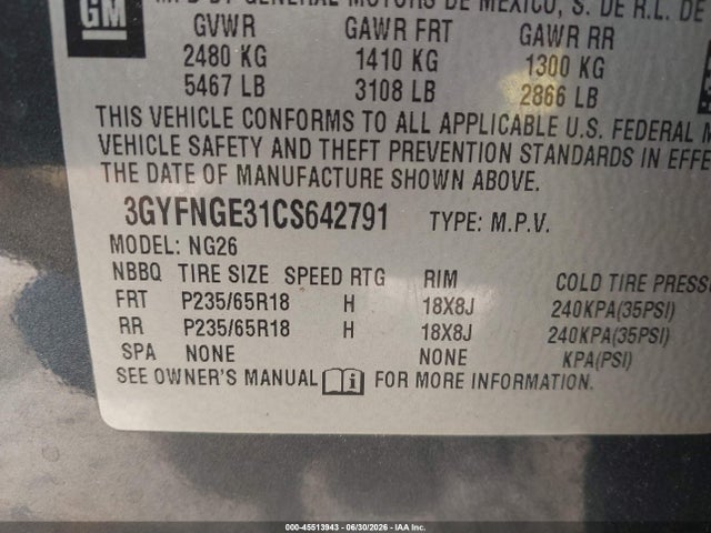 45513943 :رقم المزاد ، 3GYFNGE31CS642791 vin ، 2012 Cadillac Srx Standard مزاد بيع