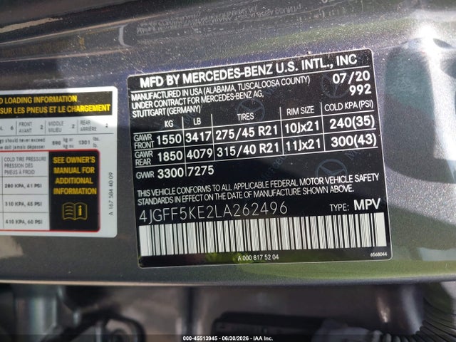 Продаж на аукціоні авто 2020 Mercedes-benz Gls 450 4matic, vin: 4JGFF5KE2LA262496, номер лоту: 45513945