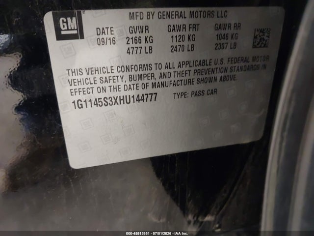 Aukcja sprzedaży 2017 Chevrolet Impala 2lz, vin: 1G1145S3XHU144777, numer aukcji: 45513951