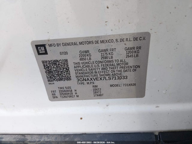 2020 Chevrolet Equinox Awd Lt 2.0l Turbo მანქანა იყიდება აუქციონზე, vin: 3GNAXVEX7LS713033, აუქციონის ნომერი: 45513953