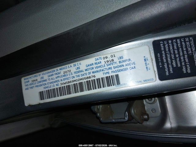 2002 Volkswagen Jetta Gls მანქანა იყიდება აუქციონზე, vin: 3VWSB69M02M058876, აუქციონის ნომერი: 45513967