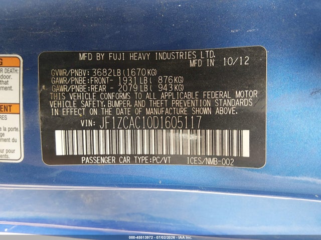 45513972 :رقم المزاد ، JF1ZCAC10D1605117 vin ، 2013 Subaru Brz Limited مزاد بيع