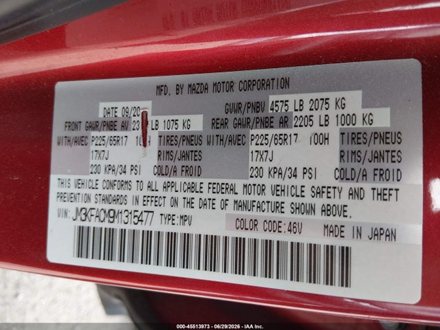 Aukcja sprzedaży 2021 Mazda Cx-5 Touring, vin: JM3KFACM9M1315477, numer aukcji: 45513973