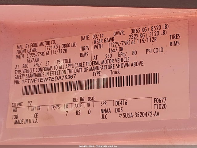 45513988 :رقم المزاد ، 1FTNE1EW7EDA75367 vin ، 2014 Ford E-150 Commercial/recreational مزاد بيع