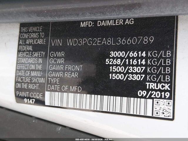 Продажа на аукционе авто 2020 Mercedes-benz Metris, vin: WD3PG2EA8L3660789, номер лота: 45514030