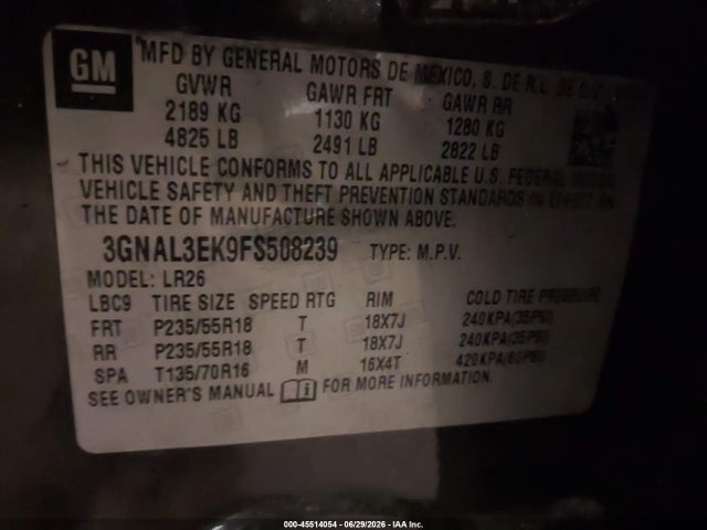 45514054 :رقم المزاد ، 3GNAL3EK9FS508239 vin ، 2015 Chevrolet Captiva Sport Fleet Lt مزاد بيع