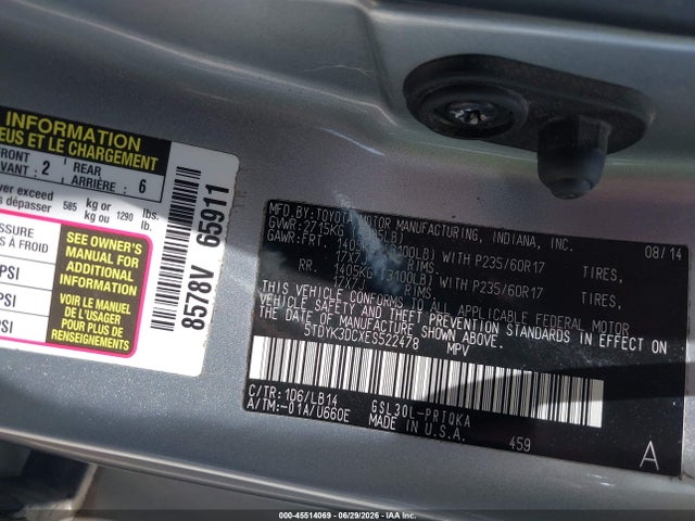 5TDYK3DCXES522478 Toyota Sienna Xle V6 8 Passenger