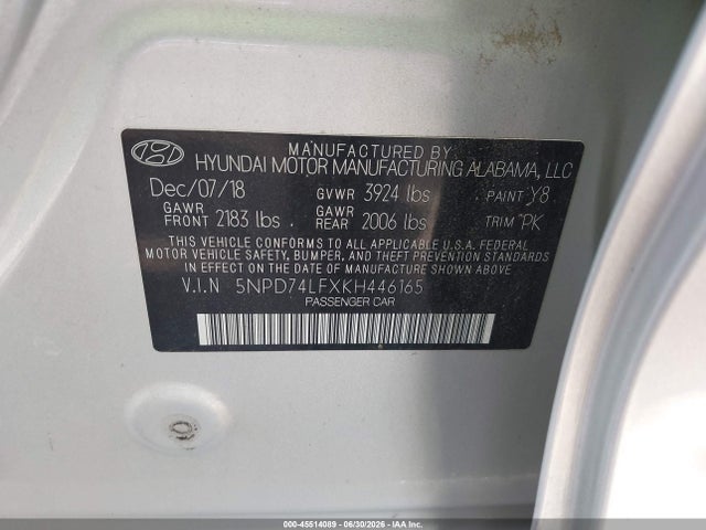 Продажа на аукционе авто 2019 Hyundai Elantra Se, vin: 5NPD74LFXKH446165, номер лота: 45514089