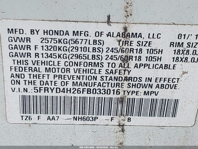 45514090 :رقم المزاد ، 5FRYD4H26FB033016 vin ، 2015 Acura Mdx مزاد بيع