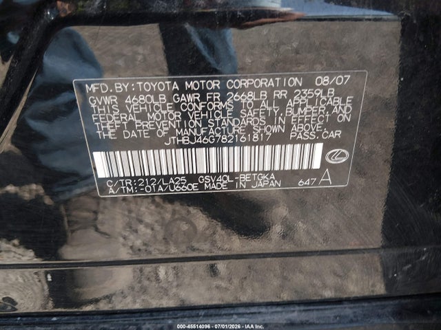 Aukcja sprzedaży 2008 Lexus Es 350, vin: JTHBJ46G782161817, numer aukcji: 45514096