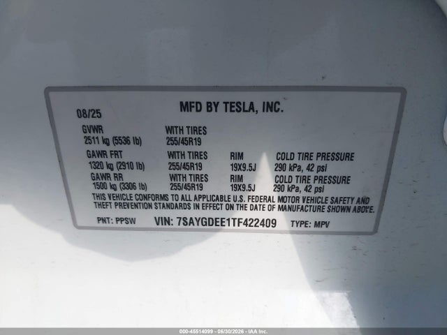 45514099 :رقم المزاد ، 7SAYGDEE1TF422409 vin ، 2026 Tesla Model Y All-wheel Drive/long Range Launch Series/premium All-wheel Drive مزاد بيع