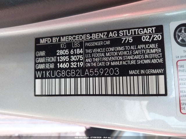 45514124 :رقم المزاد ، W1KUG8GB2LA559203 vin ، 2020 Mercedes-benz S 560 4matic مزاد بيع
