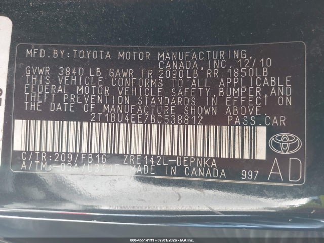 Aukcja sprzedaży 2011 Toyota Corolla Le, vin: 2T1BU4EE7BC538812, numer aukcji: 45514131