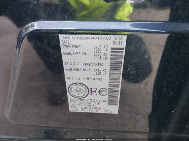 Aukcja sprzedaży 2019 Infiniti Qx60 Luxe/pure, vin: 5N1DL0MM9KC524184, numer aukcji: 45514132