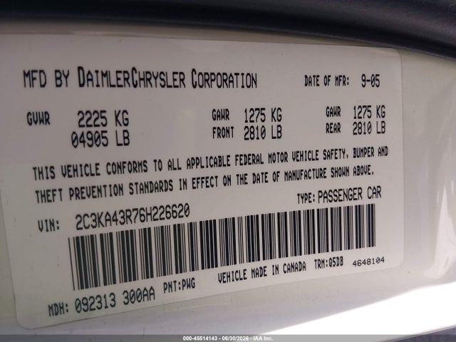 Продаж на аукціоні авто 2006 Chrysler 300, vin: 2C3KA43R76H226620, номер лоту: 45514143