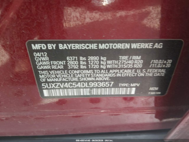 2013 Bmw X5 Xdrive35i/xdrive35i Premium/xdrive35i Sport Activity მანქანა იყიდება აუქციონზე, vin: 5UXZV4C54DL993657, აუქციონის ნომერი: 45514145