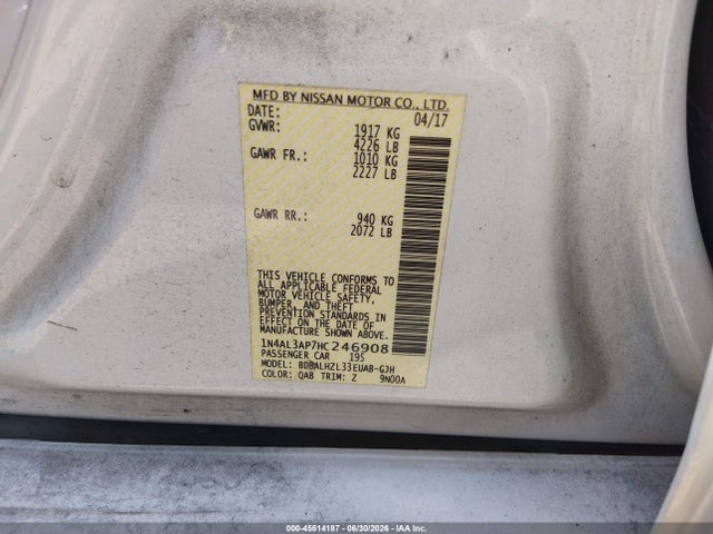 Auction sale of the 2017 Nissan Altima 2.5 Sr, vin: 1N4AL3AP7HC246908, lot number: 45514187