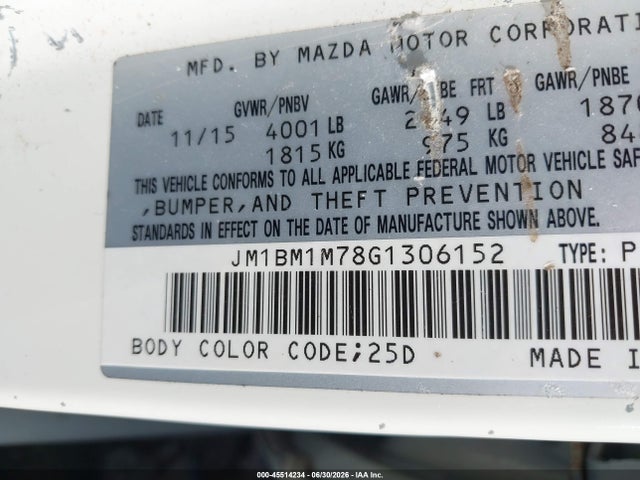 45514234 :رقم المزاد ، JM1BM1M78G1306152 vin ، 2016 Mazda Mazda3 I Touring مزاد بيع