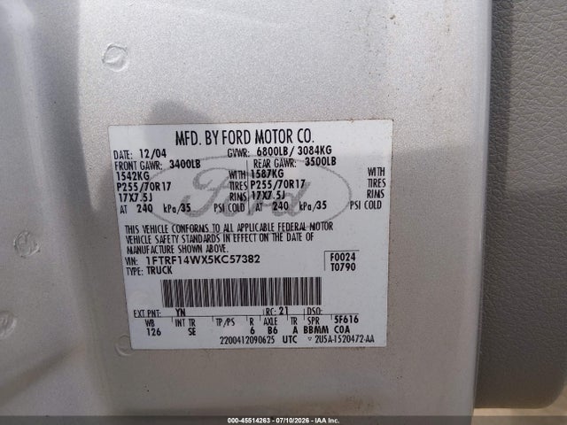 Aukcja sprzedaży 2005 Ford F-150 Stx/xl/xlt, vin: 1FTRF14WX5KC57382, numer aukcji: 45514263