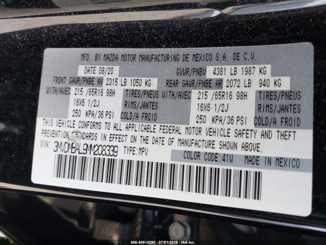 45514290 :رقم المزاد ، 3MVDMBAL9MM208339 vin ، 2021 Mazda Cx-30 2.5 S مزاد بيع