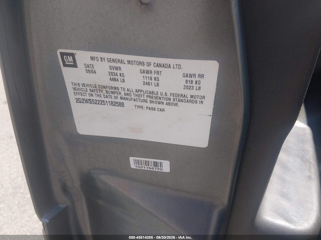 45514305 :رقم المزاد ، 2G2WS522251182588 vin ، 2005 Pontiac Grand Prix Gt مزاد بيع