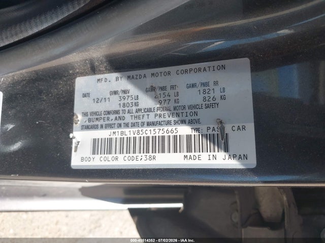 Продаж на аукціоні авто 2012 Mazda Mazda3 I Touring, vin: JM1BL1V85C1575665, номер лоту: 45514352