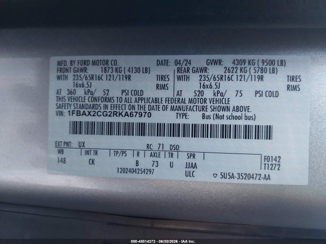45514372 :رقم المزاد ، 1FBAX2CG2RKA67970 vin ، 2024 Ford Transit-350 Passenger Van Xl مزاد بيع