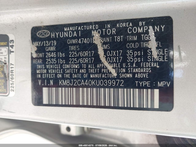 Aukcja sprzedaży 2019 Hyundai Tucson Se, vin: KM8J2CA40KU039972, numer aukcji: 45514375