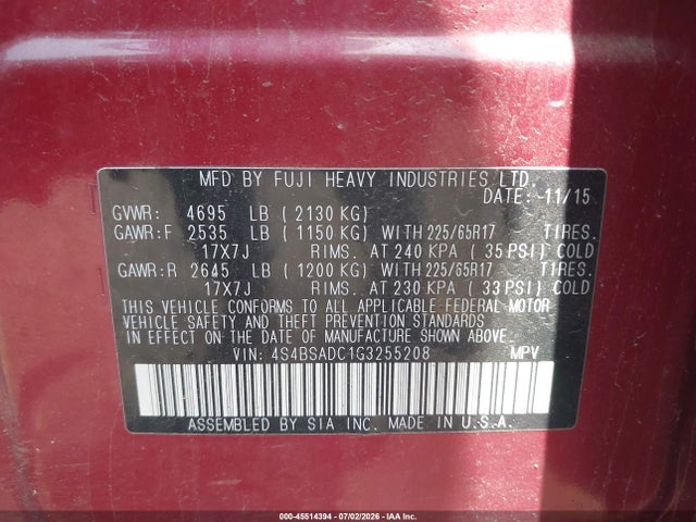 Aukcja sprzedaży 2016 Subaru Outback 2.5i Premium, vin: 4S4BSADC1G3255208, numer aukcji: 45514394