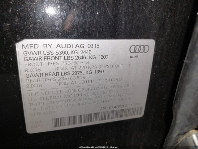 Продаж на аукціоні авто 2015 Audi Q5 2.0t Premium, vin: WA1CFAFP7FA113642, номер лоту: 45514398