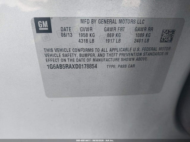2013 Cadillac Ats Luxury მანქანა იყიდება აუქციონზე, vin: 1G6AB5RAXD0178854, აუქციონის ნომერი: 45514411