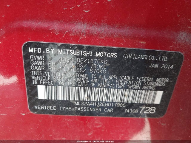 Aukcja sprzedaży 2014 Mitsubishi Mirage Es, vin: ML32A4HJ2EH017985, numer aukcji: 45514413