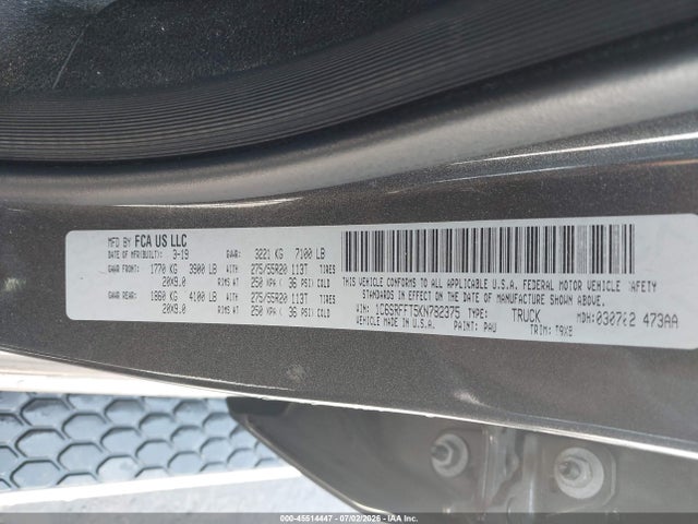 45514447 :رقم المزاد ، 1C6SRFFT5KN782375 vin ، 2019 Ram 1500 Big Horn/lone Star  4x4 5'7 Box مزاد بيع