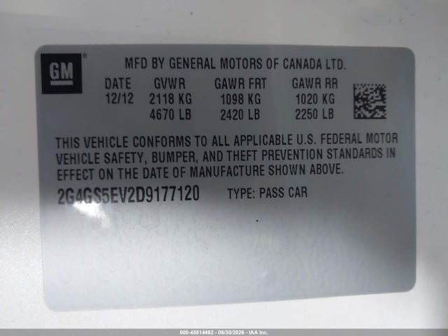 45514462 :رقم المزاد ، 2G4GS5EV2D9177120 vin ، 2013 Buick Regal Turbo - Premium 1 مزاد بيع