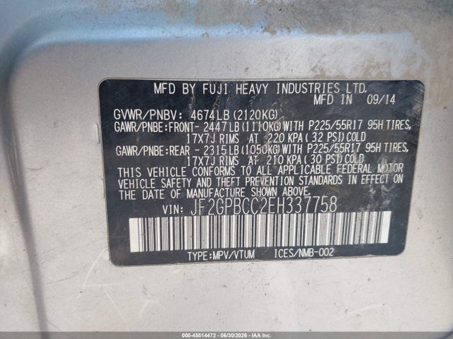 2014 Subaru Xv Crosstrek Hybrid 2.0i მანქანა იყიდება აუქციონზე, vin: JF2GPBCC2EH337758, აუქციონის ნომერი: 45514472
