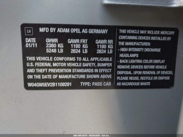 45514479 :رقم المزاد ، W04GW5EV2B1109291 vin ، 2011 Buick Regal Cxl Turbo Russelsheim مزاد بيع