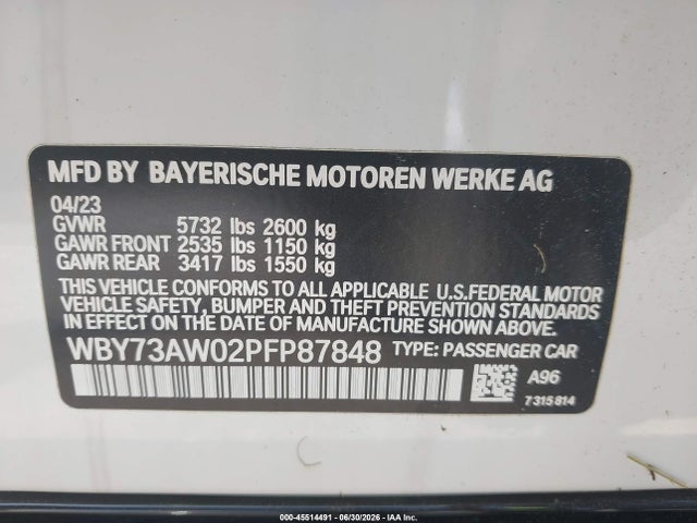 45514491 :رقم المزاد ، WBY73AW02PFP87848 vin ، 2023 Bmw I4 Edrive40 مزاد بيع