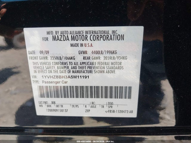 Aukcja sprzedaży 2010 Mazda Mazda6 I Sport, vin: 1YVHZ8BH3A5M11191, numer aukcji: 45514498