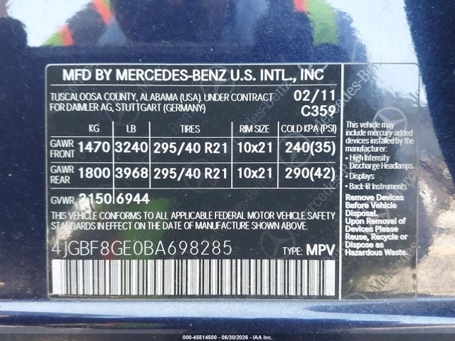 Продаж на аукціоні авто 2011 Mercedes-benz Gl 550 4matic, vin: 4JGBF8GE0BA698285, номер лоту: 45514500