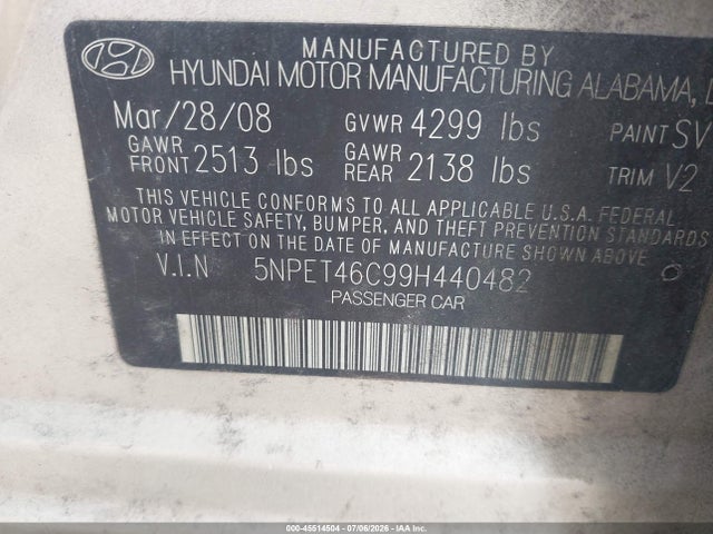 45514504 :رقم المزاد ، 5NPET46C99H440482 vin ، 2009 Hyundai Sonata Gls مزاد بيع