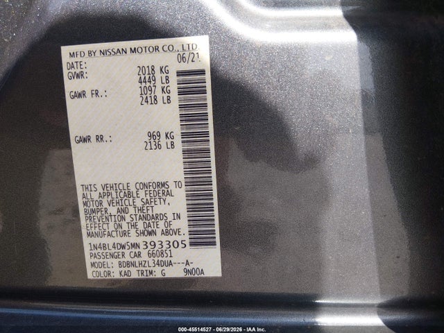 Продаж на аукціоні авто 2021 Nissan Altima Sv Intelligent Awd, vin: 1N4BL4DW5MN393305, номер лоту: 45514527