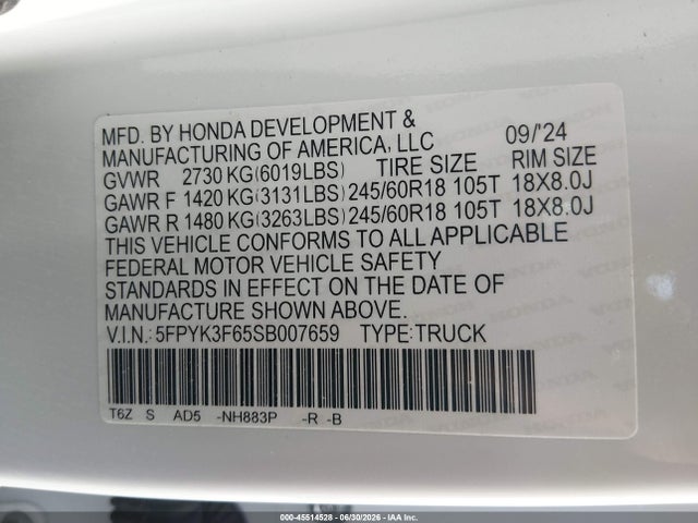 Продажа на аукционе авто 2025 Honda Ridgeline Trailsport, vin: 5FPYK3F65SB007659, номер лота: 45514528