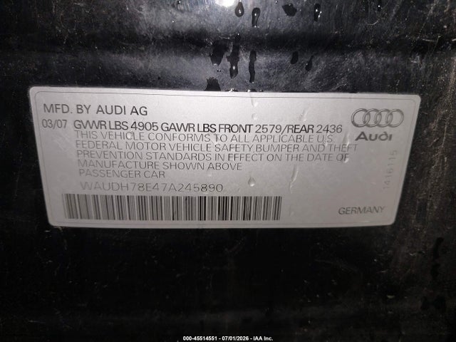 Aukcja sprzedaży 2007 Audi A4 3.2, vin: WAUDH78E47A245890, numer aukcji: 45514551