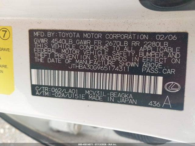 2006 Lexus Es 330 მანქანა იყიდება აუქციონზე, vin: JTHBA30G965174311, აუქციონის ნომერი: 45514571