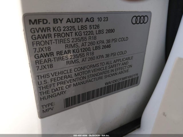 Продаж на аукціоні авто 2024 Audi Q3 Premium 45 Tfsi S Line Quattro Tiptronic, vin: WA1DECF38R1052175, номер лоту: 45514586