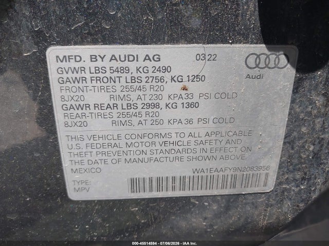 45514594 :رقم المزاد ، WA1EAAFY9N2083956 vin ، 2022 Audi Q5 Premium Plus 45 Tfsi S Line Quattro S Tronic مزاد بيع