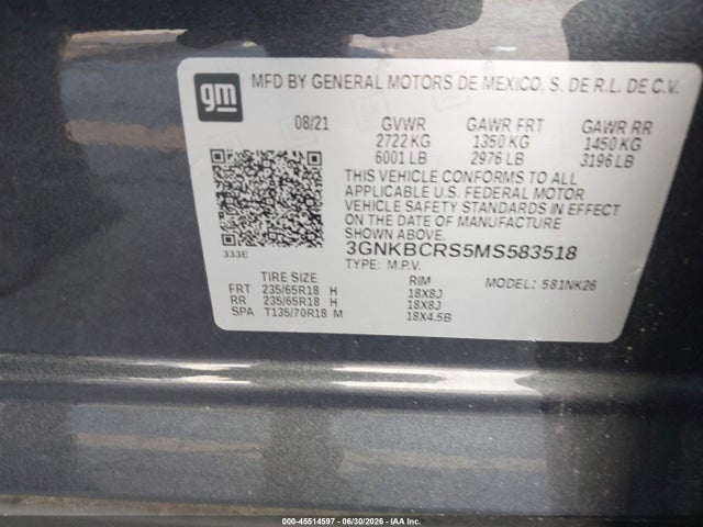 Продажа на аукционе авто 2021 Chevrolet Blazer Fwd 2lt, vin: 3GNKBCRS5MS583518, номер лота: 45514597