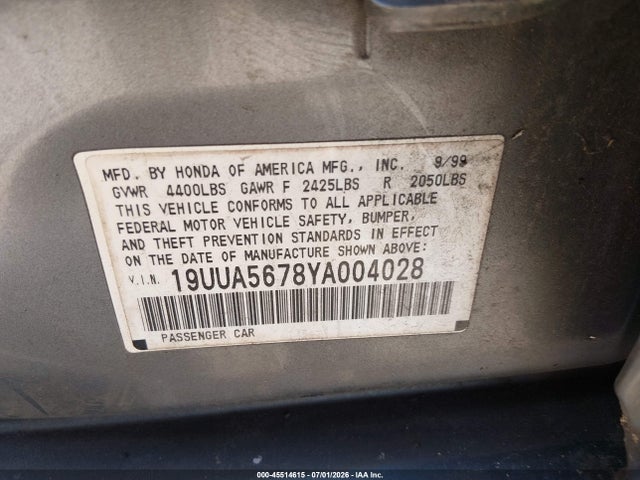 45514615 :رقم المزاد ، 19UUA5678YA004028 vin ، 2000 Acura Tl 3.2 مزاد بيع
