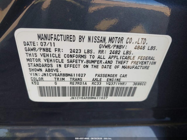 45514668 :رقم المزاد ، JN1CV6AR8BM411627 vin ، 2011 Infiniti G37x مزاد بيع